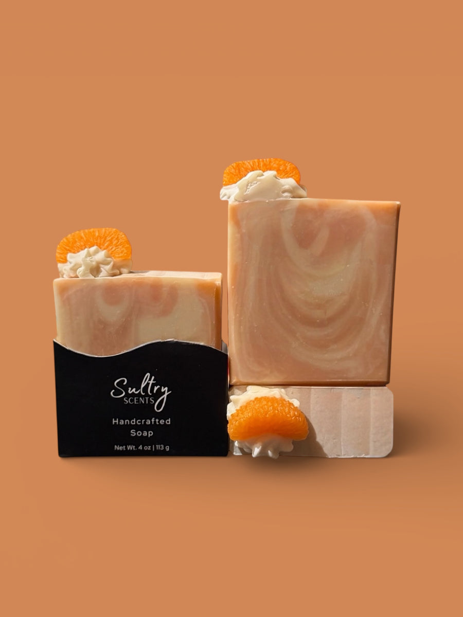 Blue Capri Volcano inspired soap Serendipity in a creamy swirl design with citrus accents