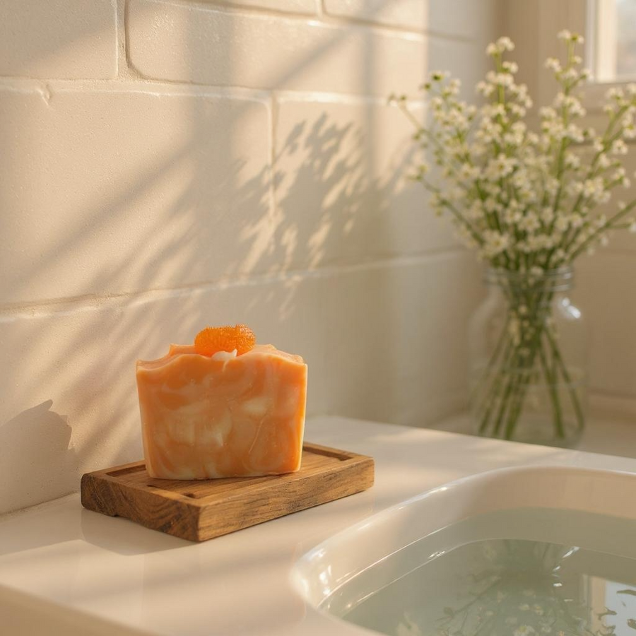 Blue Volcano inspired soap Serendipity with orange details on wooden soap dish by sink and flowers