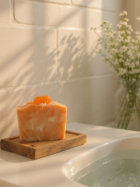 Blue Volcano inspired soap Serendipity with orange details on wooden soap dish by sink and flowers