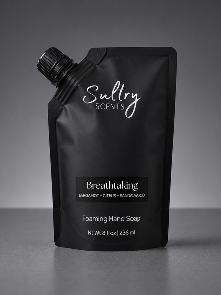 Sultry Scents Breathtaking citrus sandalwood foaming hand soap in a sleek black pouch