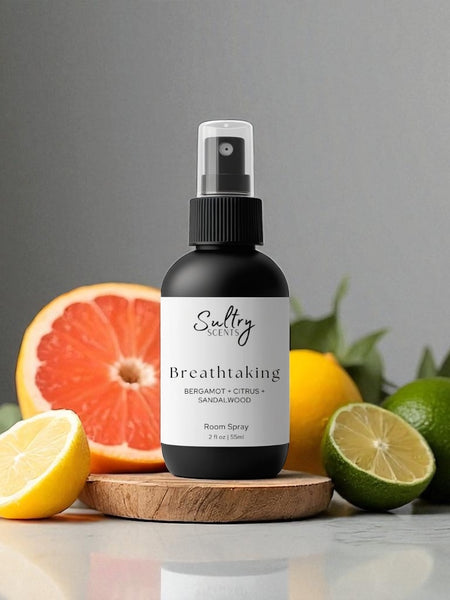 Breathtaking odor eliminating room spray Sultry Scents black bottle with grapefruit lemon lime and sandalwood