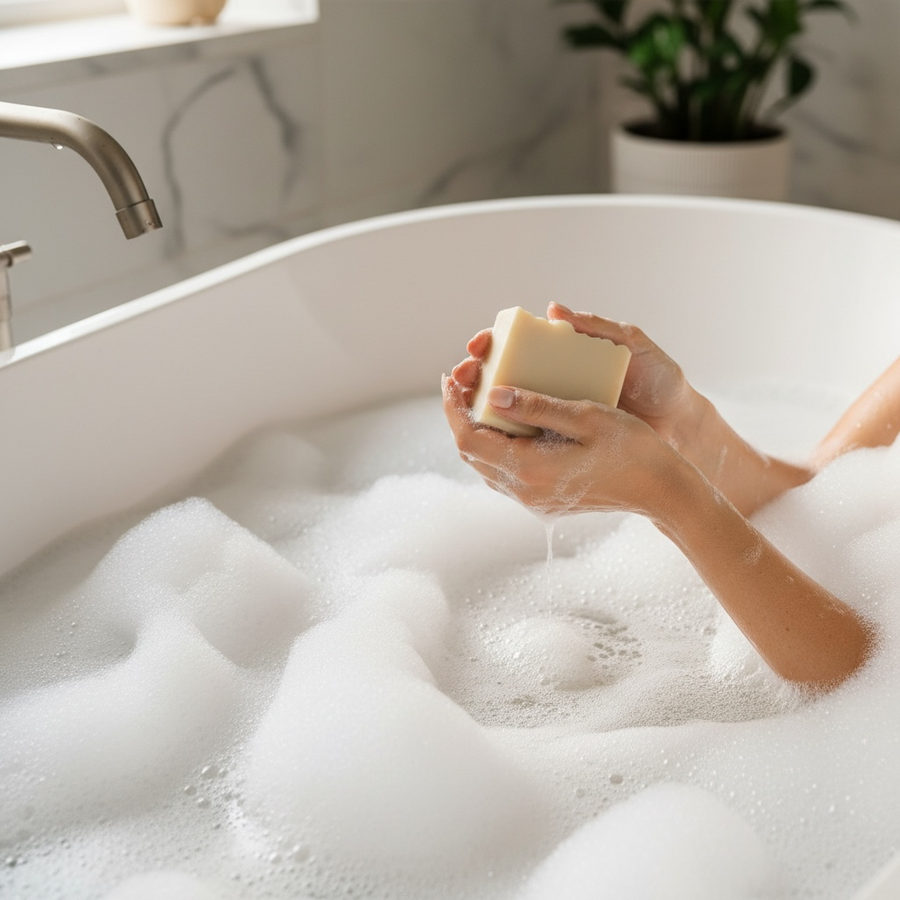Luxurious bubble bath inspired soap bar with silk held in hands above a bubbly bathtub