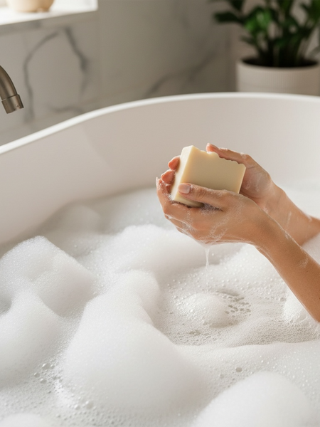 Luxurious bubble bath inspired soap bar with silk held in hands above a bubbly bathtub