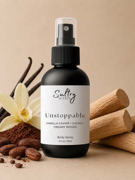 Sultry Scents Unstoppable Body Spray featuring notes of vanilla, cacao, and creamy woods; a Burberry Goddess dupe vanilla perfume.