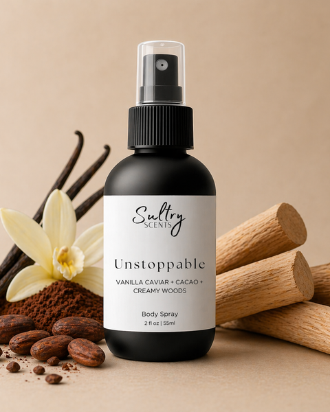 Sultry Scents Unstoppable Body Spray featuring notes of vanilla, cacao, and creamy woods; a Burberry Goddess dupe vanilla perfume.