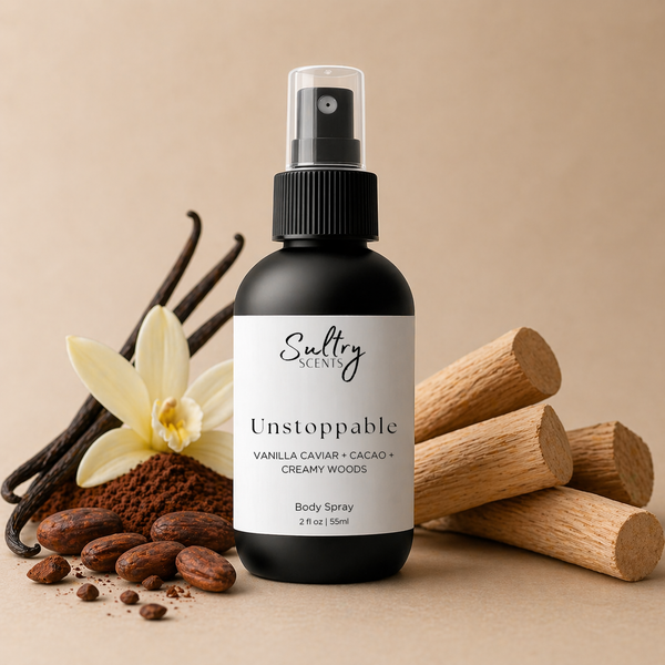 Sultry Scents Unstoppable Body Spray featuring notes of vanilla, cacao, and creamy woods; a Burberry Goddess dupe vanilla perfume.