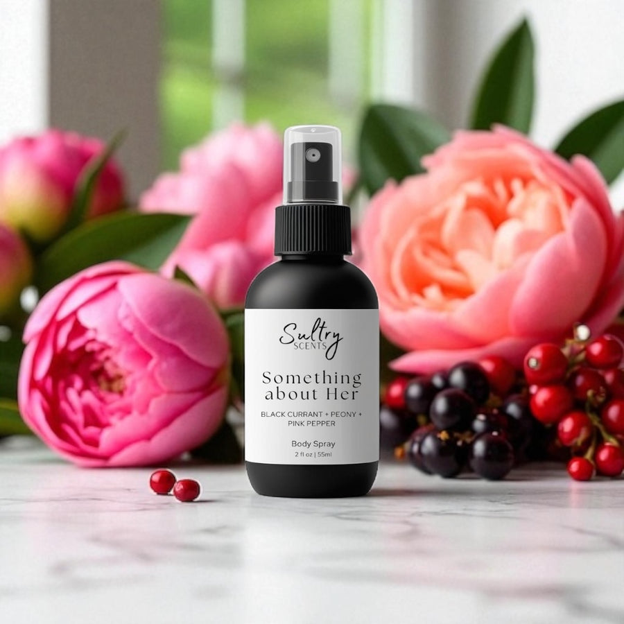 Sultry Scents body spray bottle labeled Something about Her with flowers and berries Burberry Her perfume dupe