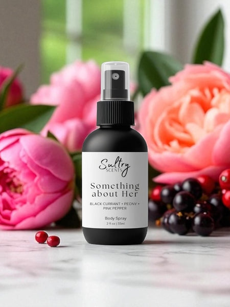 Sultry Scents body spray bottle labeled Something about Her with flowers and berries Burberry Her perfume dupe