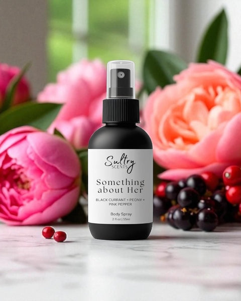 Sultry Scents body spray bottle labeled Something about Her with flowers and berries Burberry Her perfume dupe