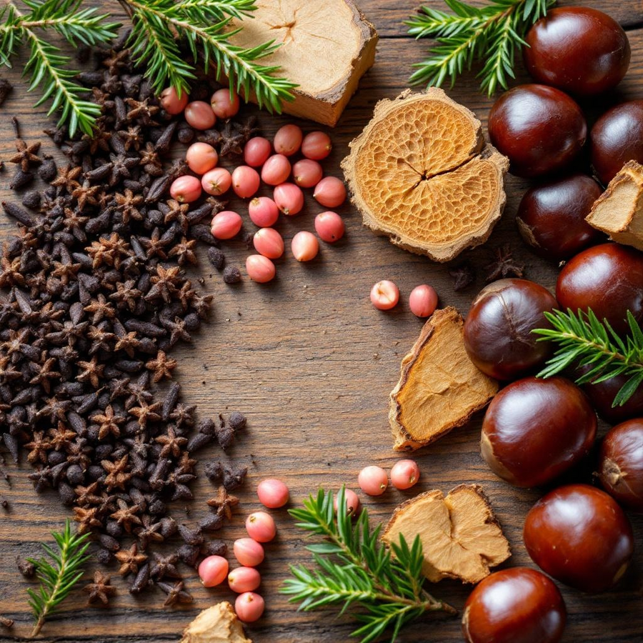 By the Fire inspired luxury foaming hand soap scent display with cloves chestnuts pink peppercorns and fir