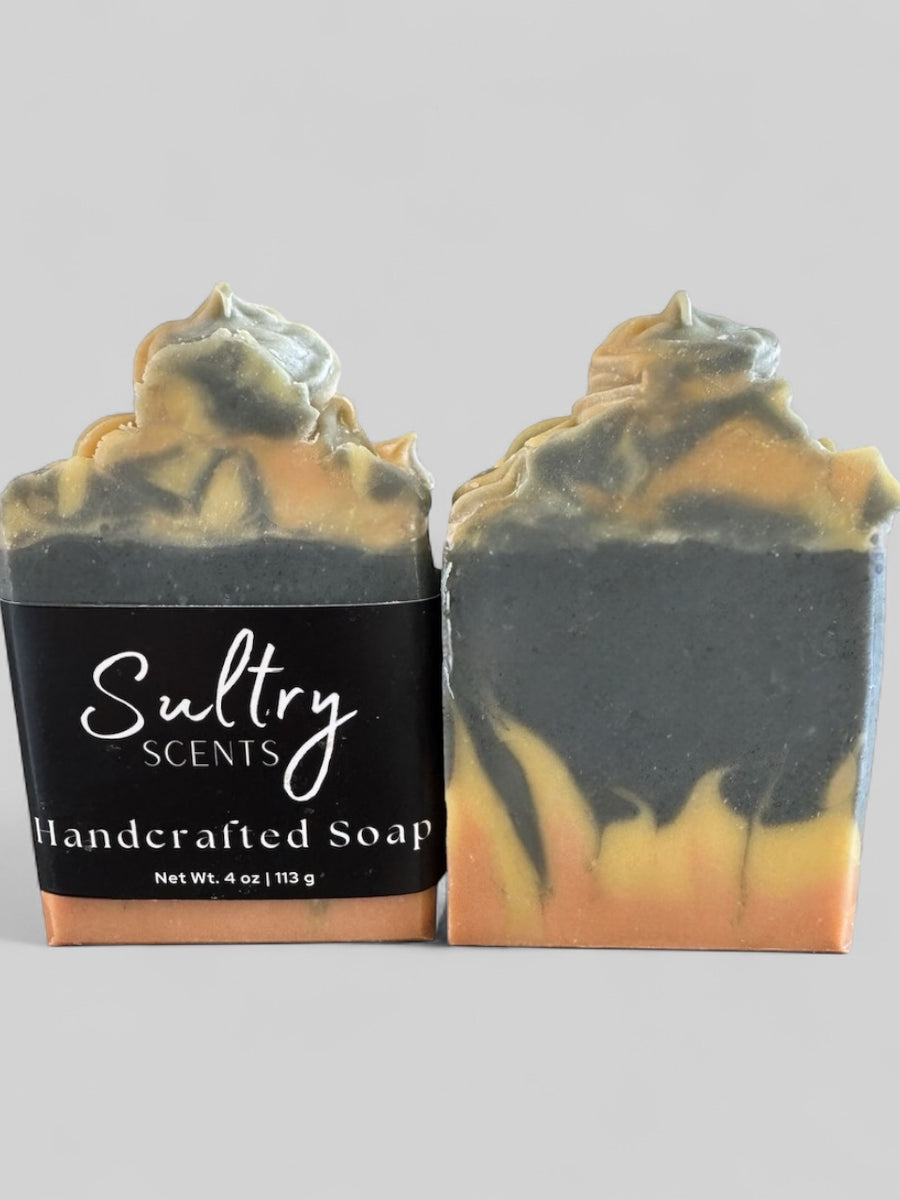 Sultry Scents handcrafted By the fire inspired soap bar with black and orange swirls