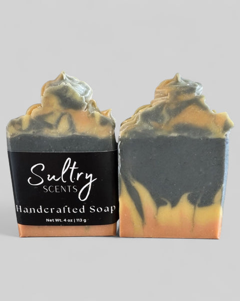 Sultry Scents handcrafted By the fire inspired soap bar with black and orange swirls