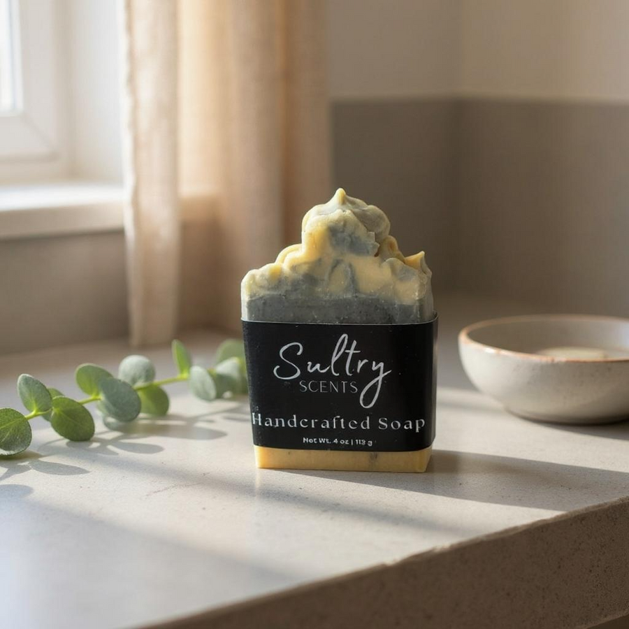 Sultry Scents By the fire inspired soap bar handcrafted with natural ingredients on a countertop