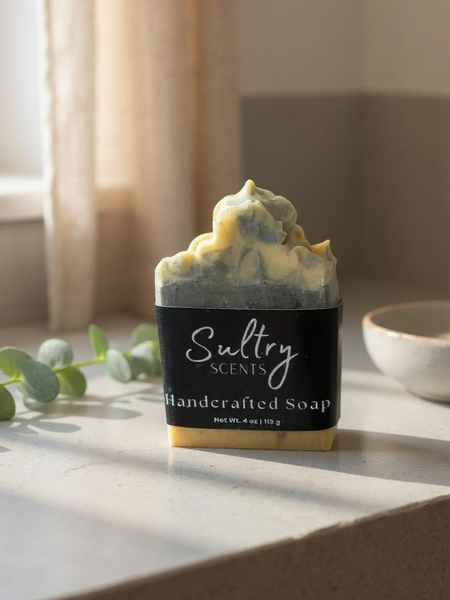 Sultry Scents By the fire inspired soap bar handcrafted with natural ingredients on a countertop