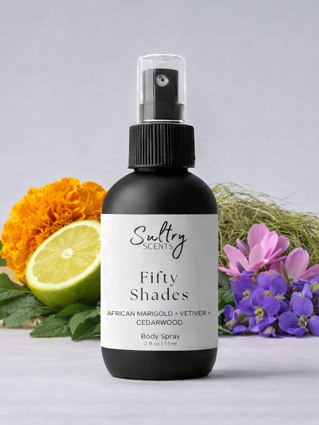 Sultry Scents Fifty Shades Body Spray featuring African Marigold, Vetiver, and Cedarwood