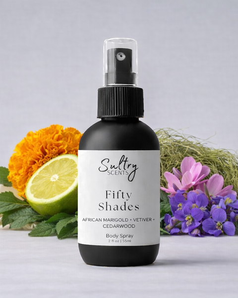 Sultry Scents Fifty Shades Body Spray featuring African Marigold, Vetiver, and Cedarwood