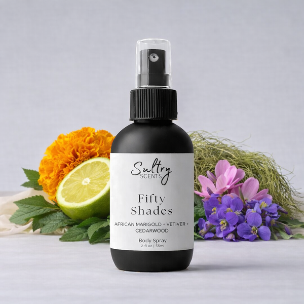 Sultry Scents Fifty Shades Body Spray featuring African Marigold, Vetiver, and Cedarwood