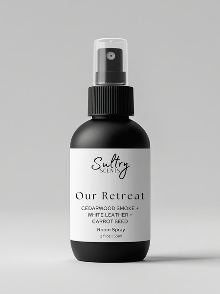 Sultry Scents Cedarwood Leather Room Spray in a sleek black bottle for a calming atmosphere
