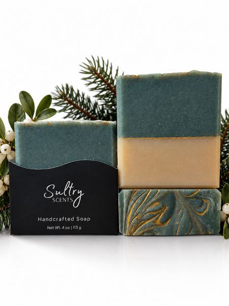 Sultry Scents Christmas Tree Scented Soap in decorative presentation with evergreen accents