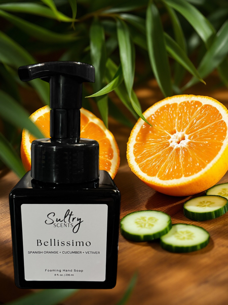 Sultry Scents citrus cucumber foaming hand soap bottle with fresh orange and cucumber slices