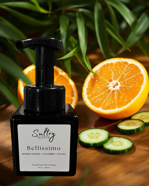 Sultry Scents citrus cucumber foaming hand soap bottle with fresh orange and cucumber slices
