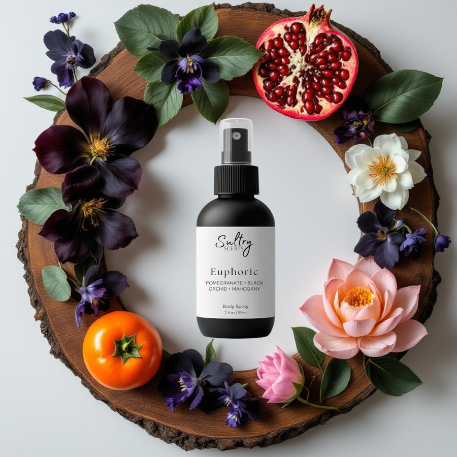 CK Euphoria inspired body spray by Sultry Scents with floral and fruity accents on a decorative wood base
