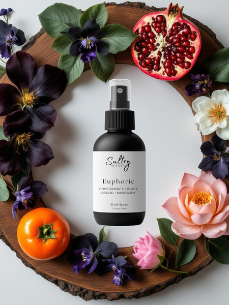 CK Euphoria inspired body spray by Sultry Scents with floral and fruity accents on a decorative wood base