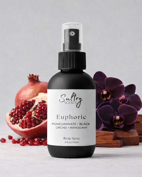 Sultry Scents CK Euphoria inspired body spray in a black bottle with pomegranate and orchid flowers
