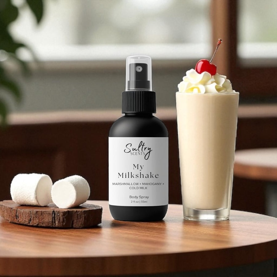 Sultry Scents My Milkshake body spray bottle with marshmallows and milkshake, Commodity Milk dupe body spray