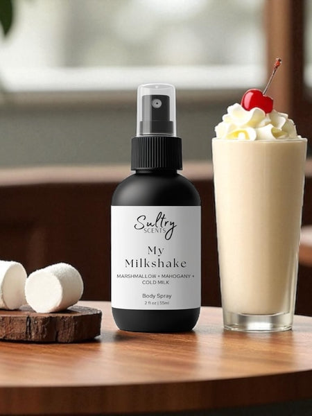 Sultry Scents My Milkshake body spray bottle with marshmallows and milkshake, Commodity Milk dupe body spray
