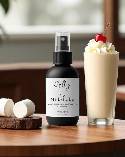 Sultry Scents My Milkshake body spray bottle with marshmallows and milkshake, Commodity Milk dupe body spray