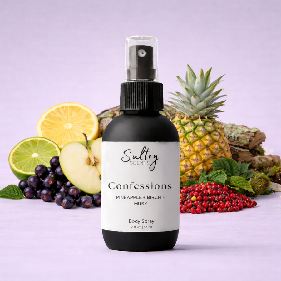 Sultry Scents Confessions Body Spray inspired by Creed Aventus with notes of pineapple, birch, and musk
