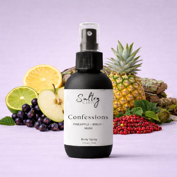 Sultry Scents Confessions Body Spray inspired by Creed Aventus with notes of pineapple, birch, and musk