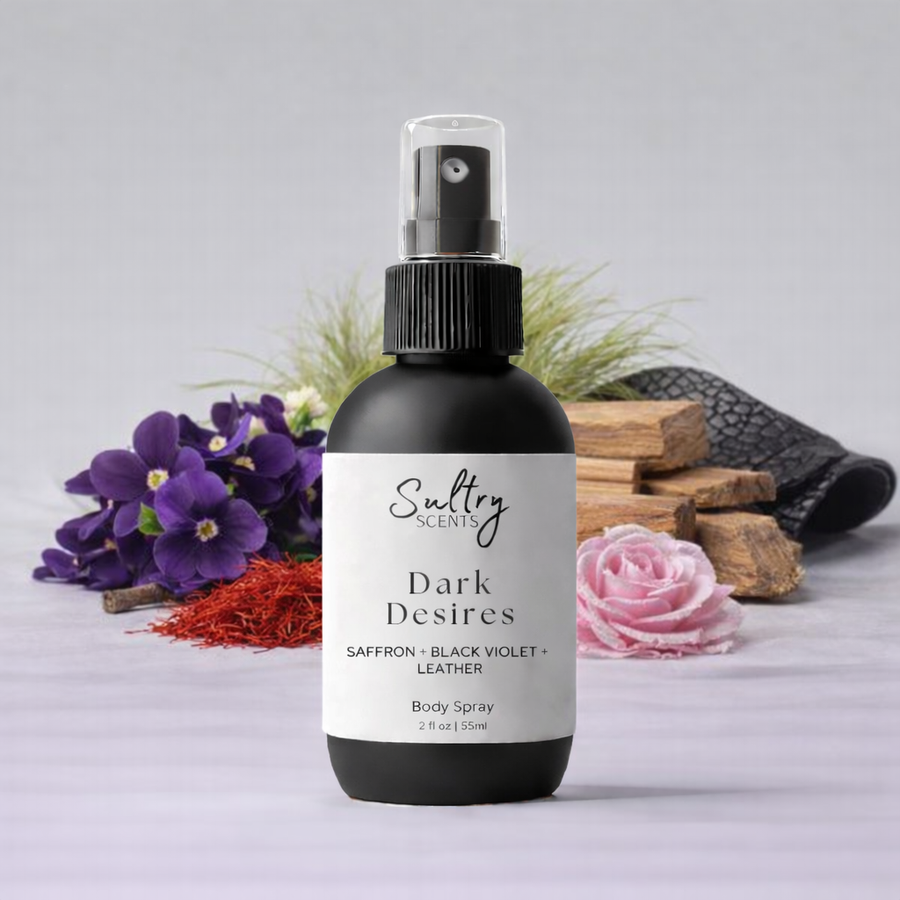 Sultry Scents Dark Desires Body Spray with Saffron and Violet, a Black saffron dupe body spray.
