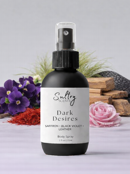 Sultry Scents Dark Desires Body Spray with Saffron and Violet, a Black saffron dupe body spray.