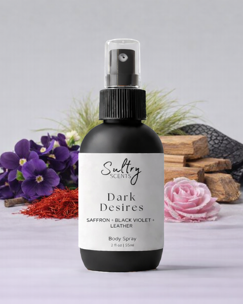 Sultry Scents Dark Desires Body Spray with Saffron and Violet, a Black saffron dupe body spray.