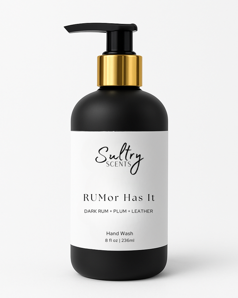 Sultry Scents Dark Rum inspired liquid hand soap with notes of plum and leather in an elegant dispenser