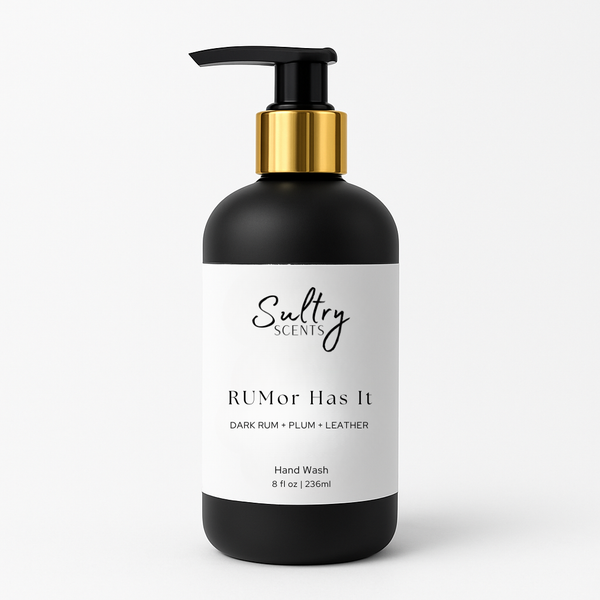 Sultry Scents Dark Rum inspired liquid hand soap with notes of plum and leather in an elegant dispenser