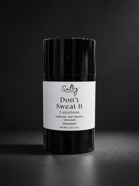 Sultry Scents Don't Sweat It Aluminum Free Deodorant with a luxurious scent of olibanum, soft woods, and skin musk