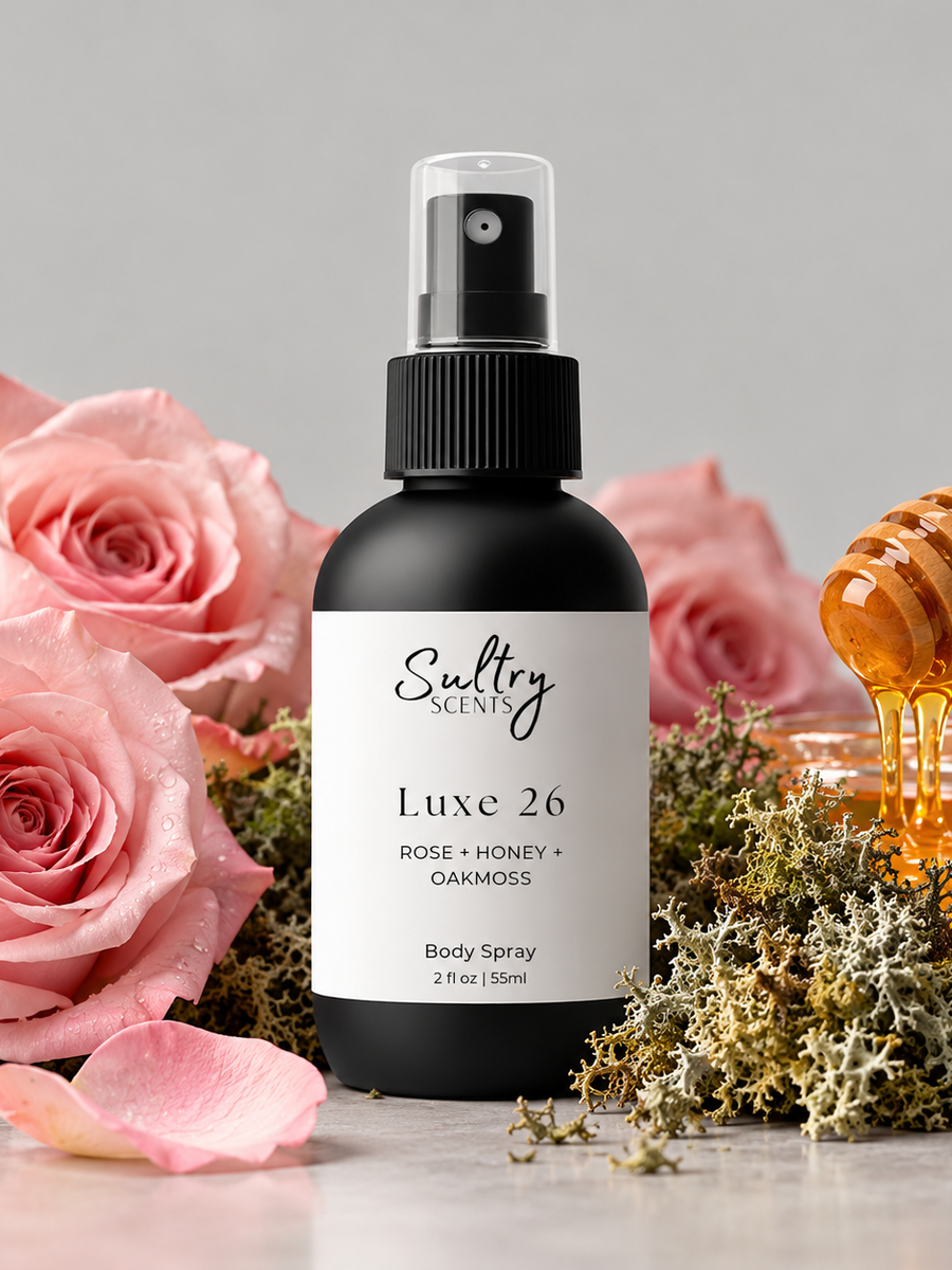 Sultry Scents Luxe 26 body spray featuring rose, honey, and oakmoss inspired by Downy Unstopables No. 26