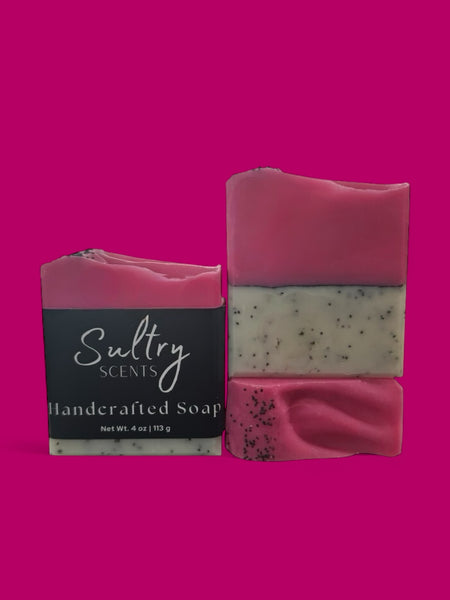 Sultry Scents Dragon Fruit Soap Bar handcrafted with pink and white layers and natural exfoliants