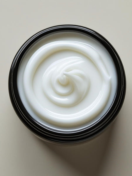 Open jar of Sultry Scents exclusive scented lotion showing smooth creamy texture inside