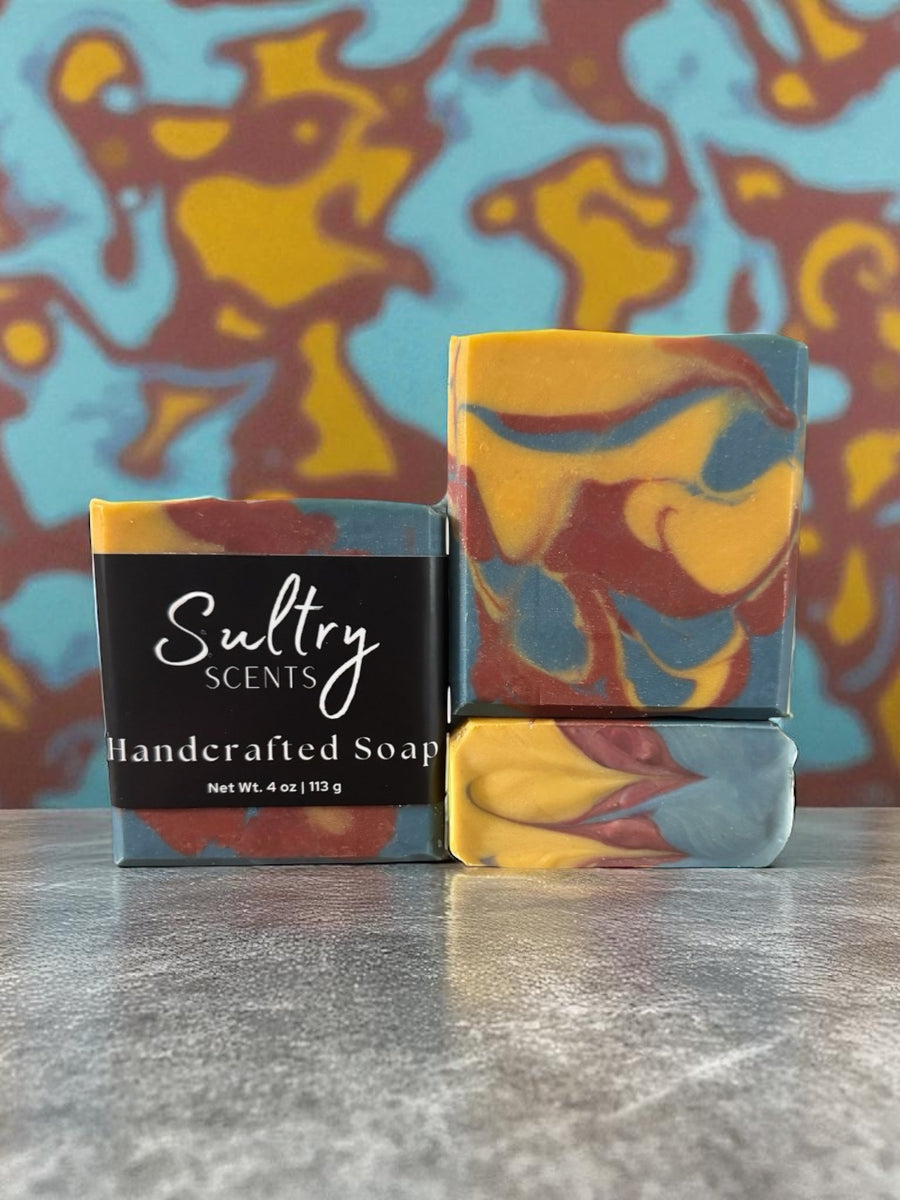 Fall Flannel Soap Bar from Sultry Scents, featuring colorful swirls in yellow, red, and blue