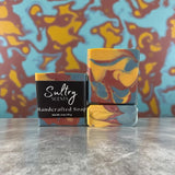Fall Flannel Soap Bar from Sultry Scents, featuring colorful swirls in yellow, red, and blue