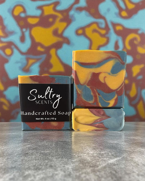 Fall Flannel Soap Bar from Sultry Scents, featuring colorful swirls in yellow, red, and blue