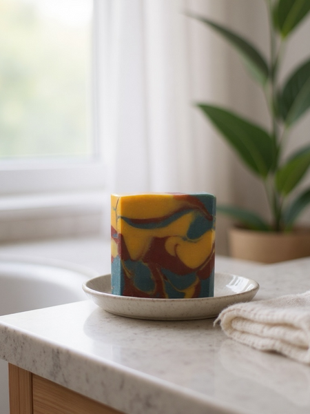 Sultry Scents Fall Flannel Soap Bar in a colorful design displayed on a bathroom countertop