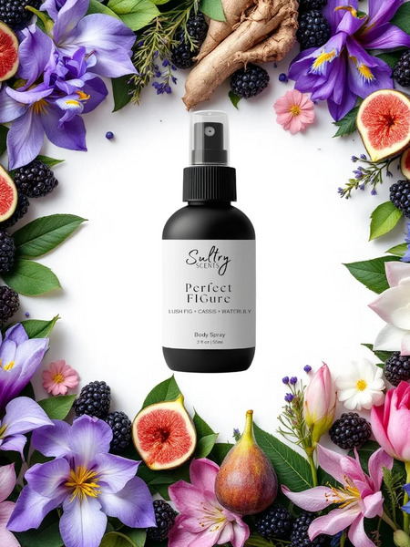 Sultry Scents Father Figure inspired body spray surrounded by vibrant floral decorations