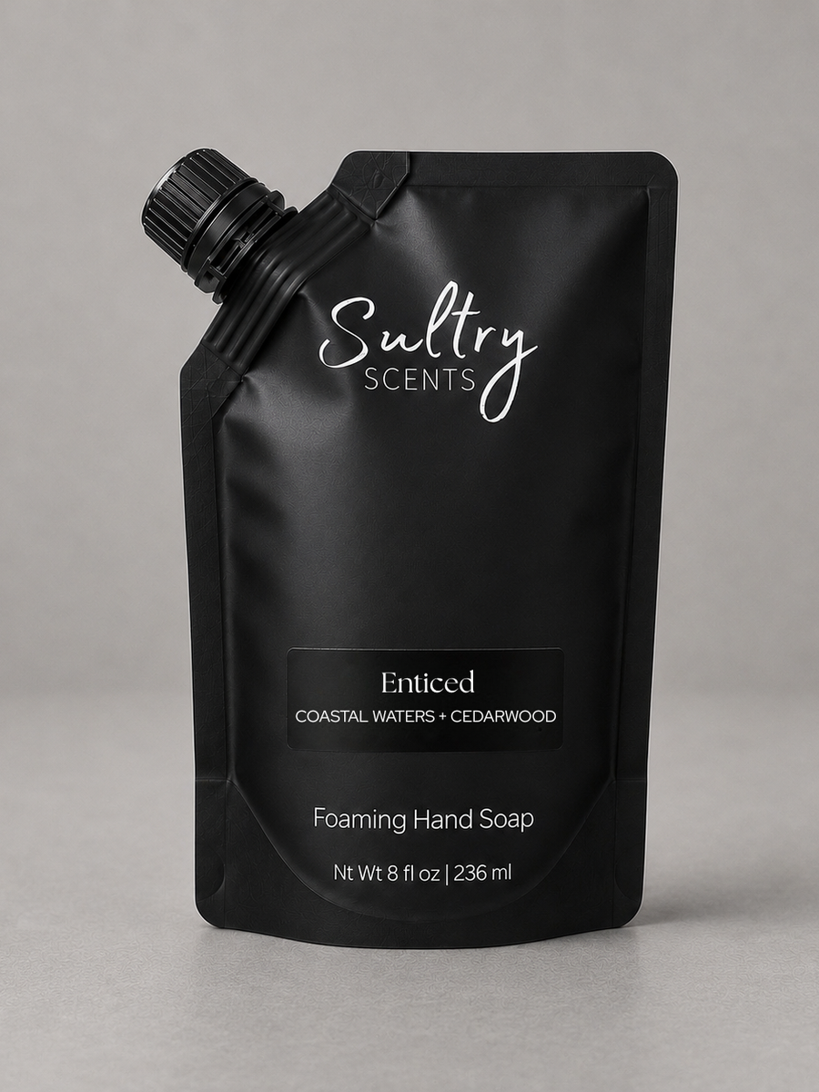 Sultry Scents Enticed Foaming Hand Soap Refill Pouch in Coastal Waters and Cedarwood, fresh and clean smelling foaming hand soap