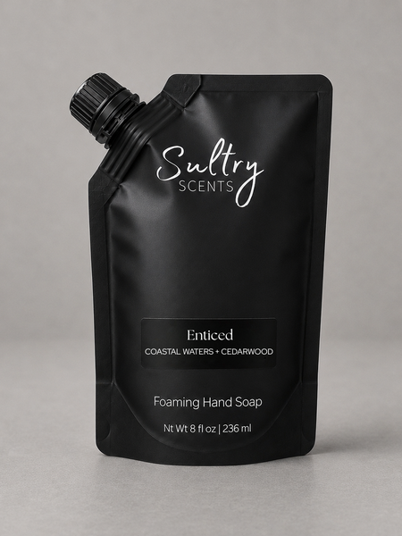 Sultry Scents Enticed Foaming Hand Soap Refill Pouch in Coastal Waters and Cedarwood, fresh and clean smelling foaming hand soap