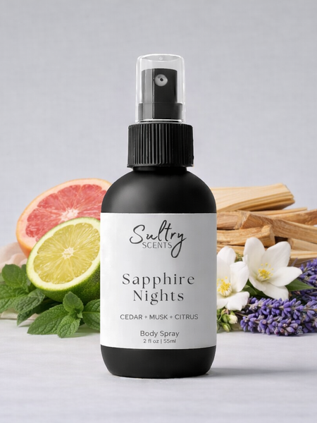 Sultry Scents Sapphire Nights Body Spray with fresh woody citrus body spray fragrance and natural ingredients
